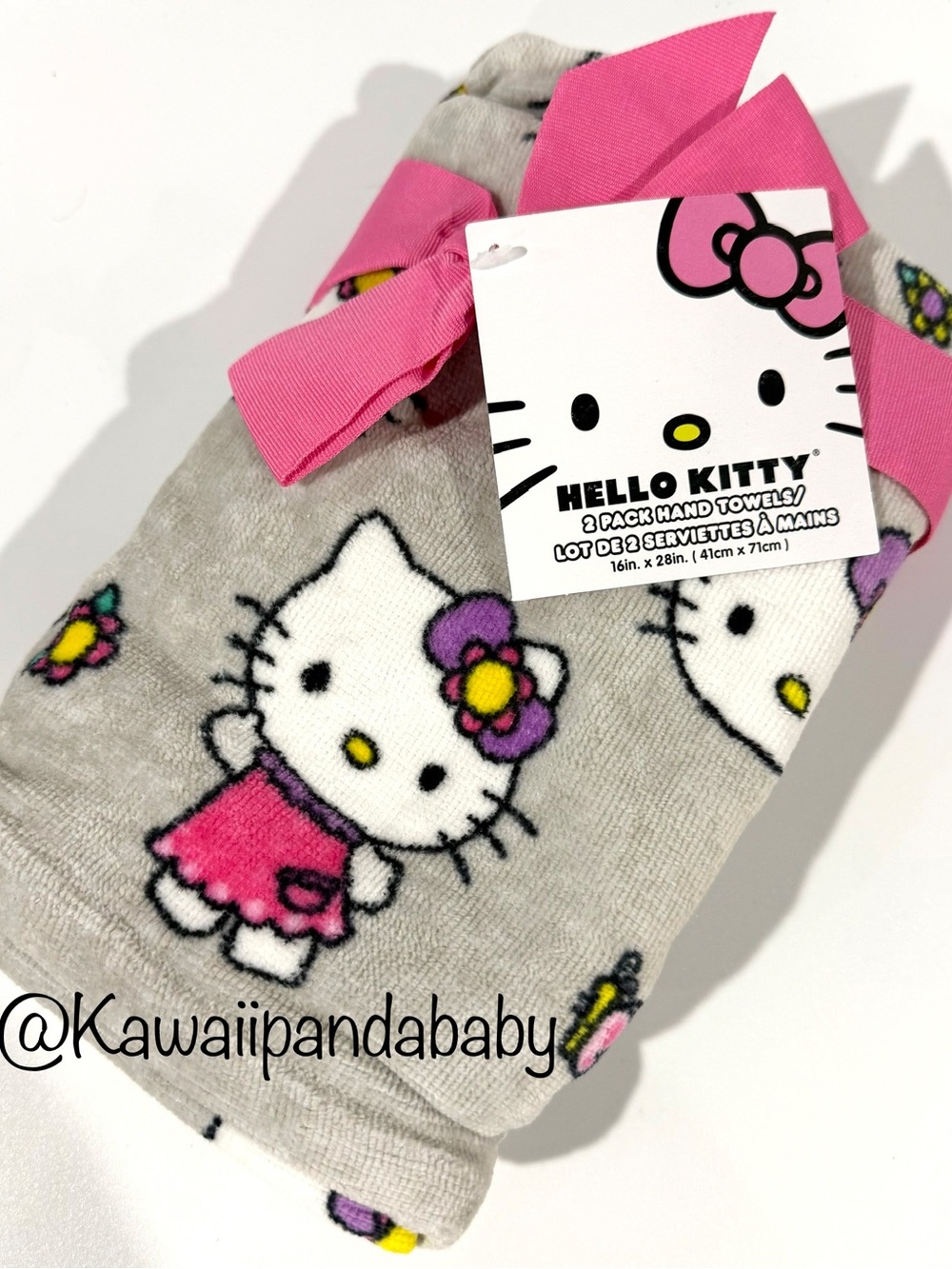 NWT Set of 2 Hello Kitty Gray Pink Flower Terry Velour Kitchen Bath Hand Towels